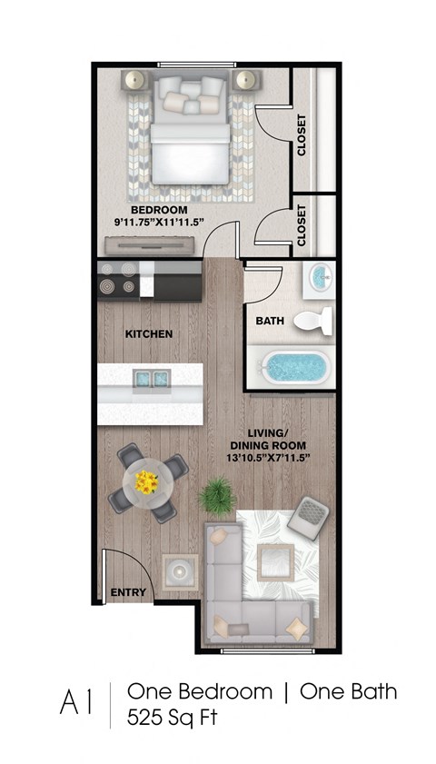 Floor plan for 1 bed, 1 bath, 525 sqft